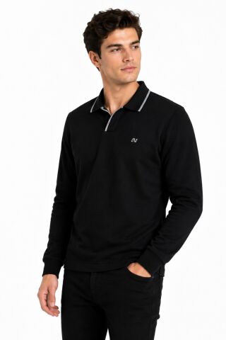 Erkek Mevsimlik Spor Polo V Yaka Sweatshırt BGL-ST05469 SİYAH - 3XL
