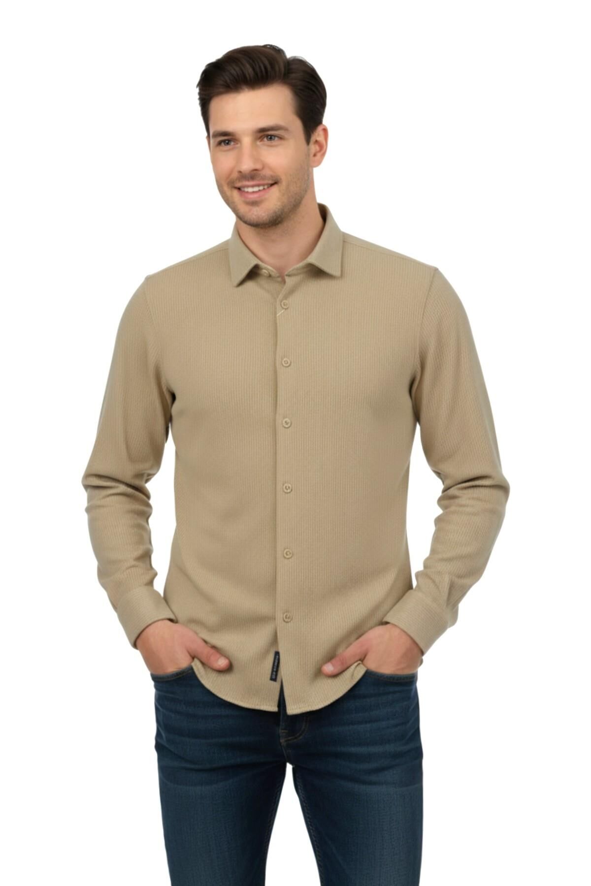 Erkek Kışlık Silim Fit Kaşkorse Dokuma Gömlek BGL-ST04935 TAŞ - M