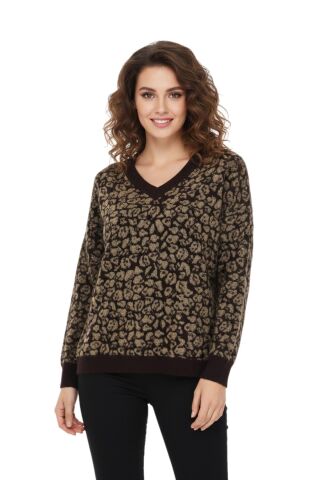Kadın V Yaka Leopar Desen Sakallı Triko Kazak BGL-ST05079
