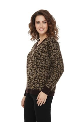 Kadın V Yaka Leopar Desen Sakallı Triko Kazak BGL-ST05079
