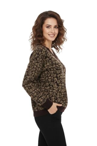 Kadın V Yaka Leopar Desen Sakallı Triko Kazak BGL-ST05079
