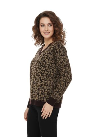 Kadın V Yaka Leopar Desen Sakallı Triko Kazak BGL-ST05079 KAHVE - M/L