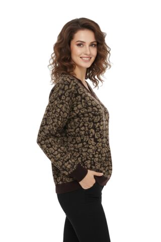 Kadın V Yaka Leopar Desen Sakallı Triko Kazak BGL-ST05079 KAHVE - M/L