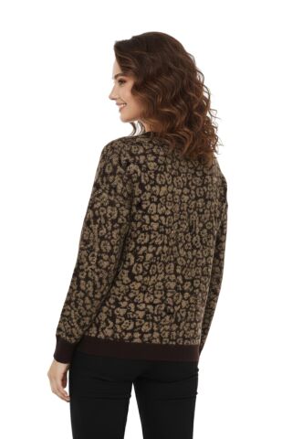 Kadın V Yaka Leopar Desen Sakallı Triko Kazak BGL-ST05079 KAHVE - M/L