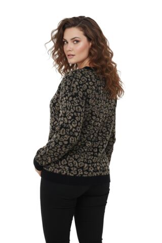 Kadın V Yaka Leopar Desen Sakallı Triko Kazak BGL-ST05079 SİYAH - L/XL