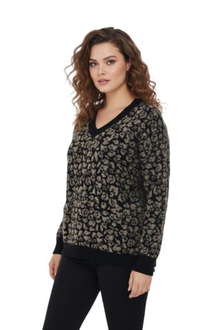 Kadın V Yaka Leopar Desen Sakallı Triko Kazak BGL-ST05079 SİYAH - M/L