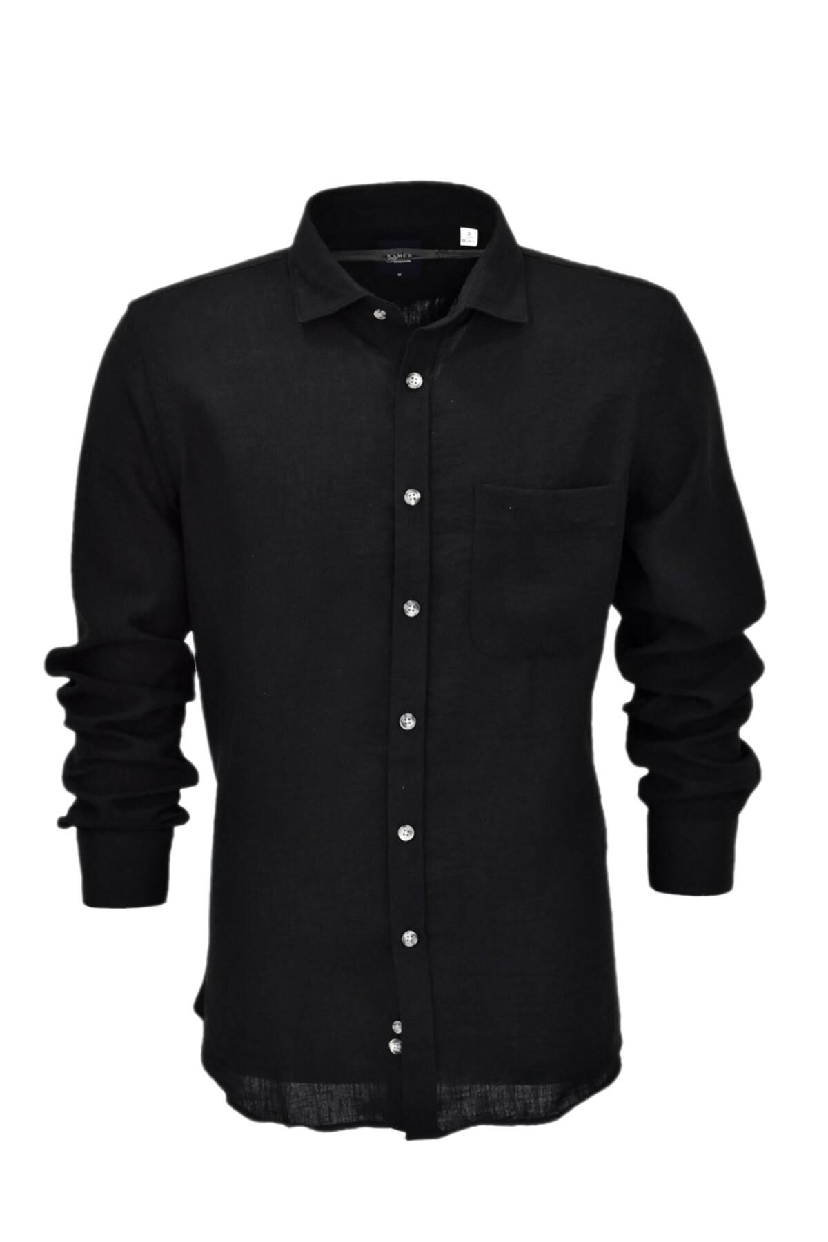 Erkek Yazlık Klasik Uzun Kol Gömlek 3816 BGL-ST04754 SİYAH - XL