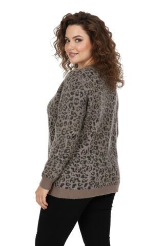 Kadın V Yaka Leopar Desen Sakallı Triko Kazak BGL-ST05079 VİZON - M/L