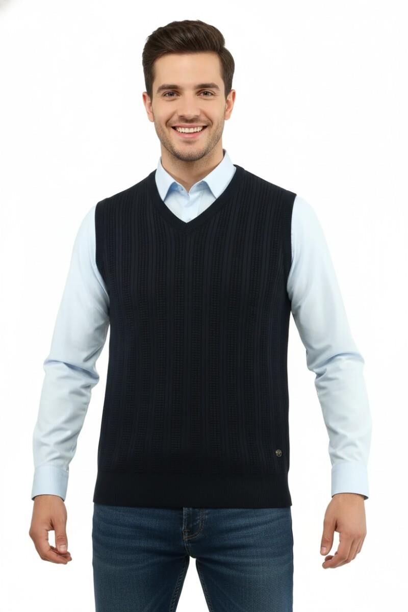 Erkek V Yaka Süveter Çelik Örgü Regular Kalıp 5209H BGL-ST04843 LACİVERT - L