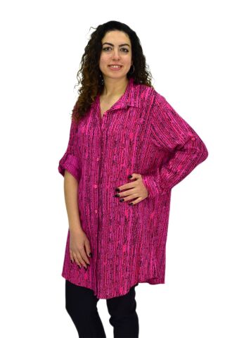 Kadın Çizğili Kol Kıvırmalı Tunik BGL-ST02106 FUŞYA - L