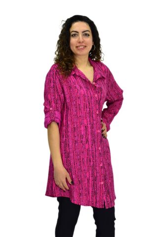 Kadın Çizğili Kol Kıvırmalı Tunik BGL-ST02106 FUŞYA - L