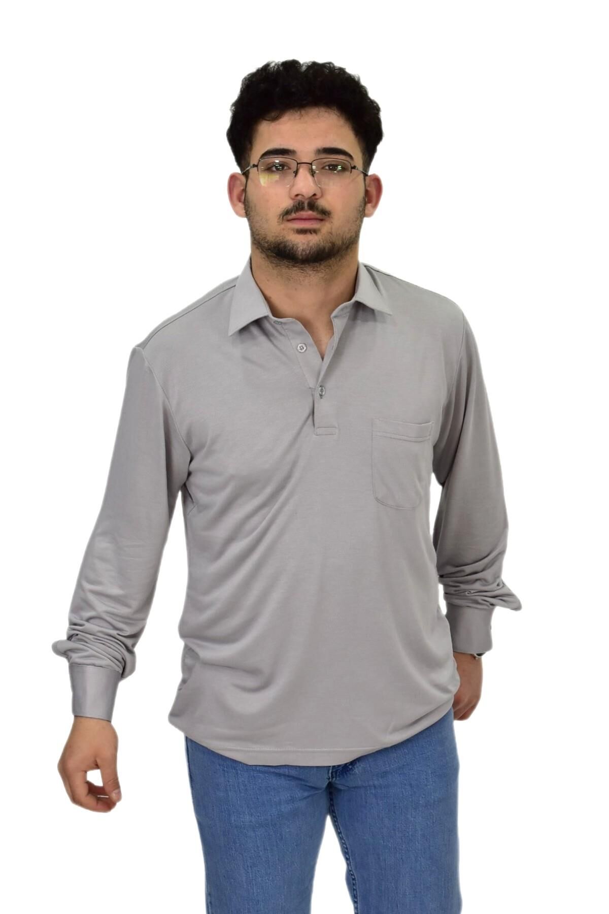 Erkek Gömlek Yaka Uzunkol Tişört T6063 BGL-ST04542 GRİ - L