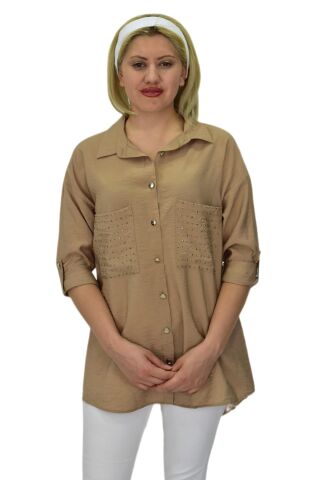 Kadın Cep Taşlı Ayrobin Gömlek BGL-ST03699 BEJ - 38
