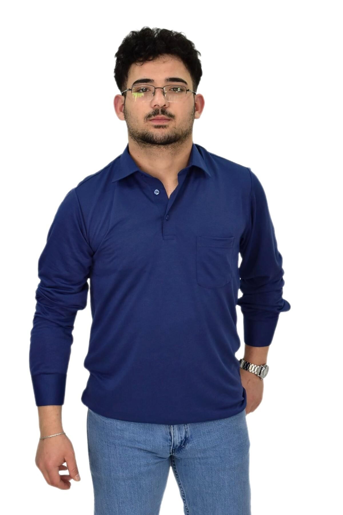 Erkek Gömlek Yaka Uzunkol Tişört T6063 BGL-ST04542 İNDİGO - 2XL