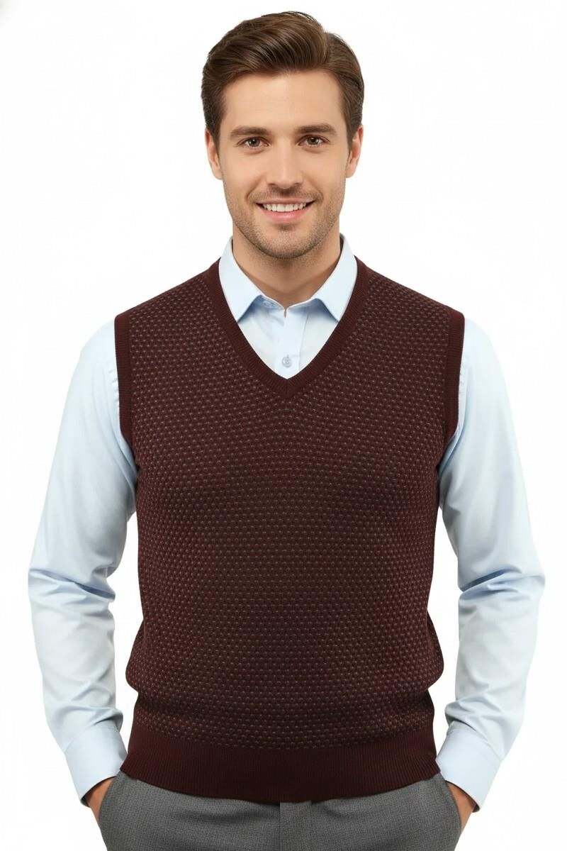 Erkek V Yaka Süveter Çelik Örgü Regular Kalıp 5201H BGL-ST04842 BORDO - 2XL