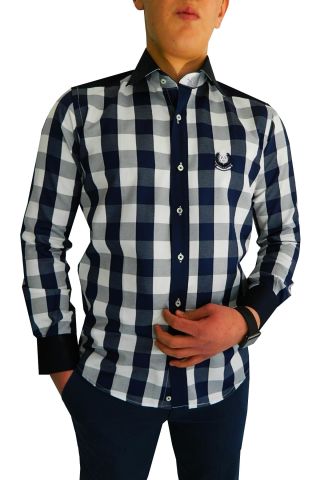 Erkek Silim Fit Dirsek Yamalı Ekose Gömlek ARI1472