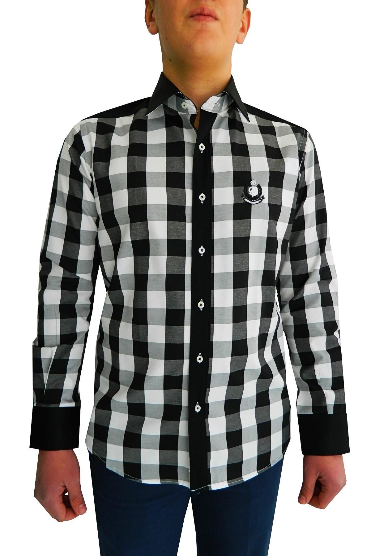 Erkek Silim Fit Dirsek Yamalı Ekose Gömlek ARI1472