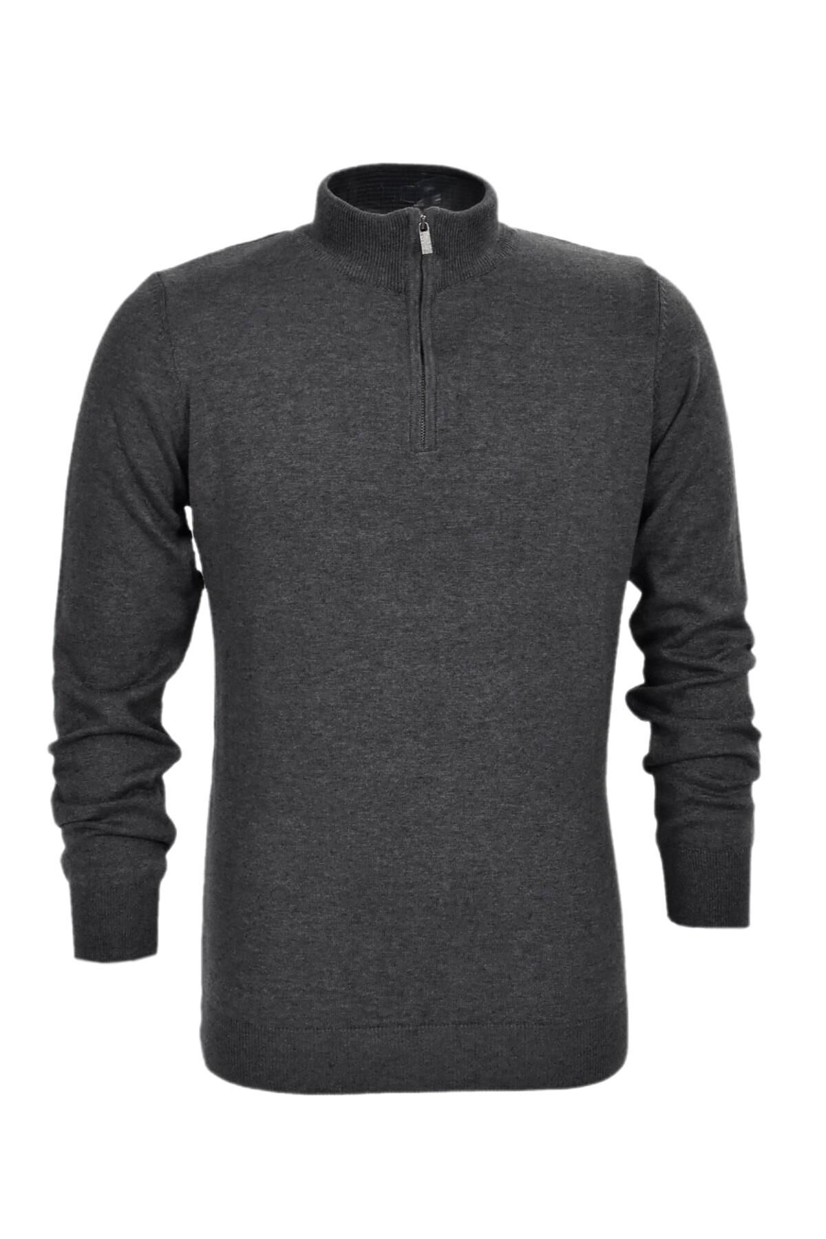 Erkek Spor Düz Fermuarlı Yaka Kazak R22949 BGL-ST03181 ANTRASİT - M