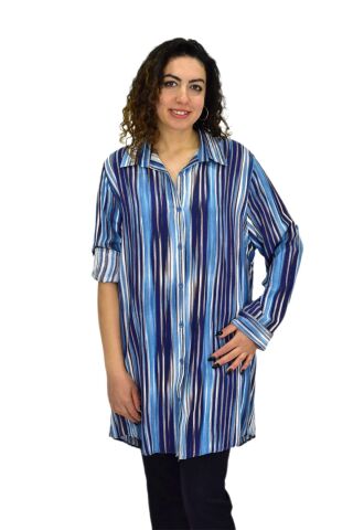 Kadın Mavi Çizğili Kol Kıvırmalı Tunik BGL-ST02105 MAVİ - S