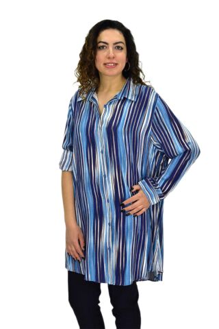 Kadın Mavi Çizğili Kol Kıvırmalı Tunik BGL-ST02105 MAVİ - S