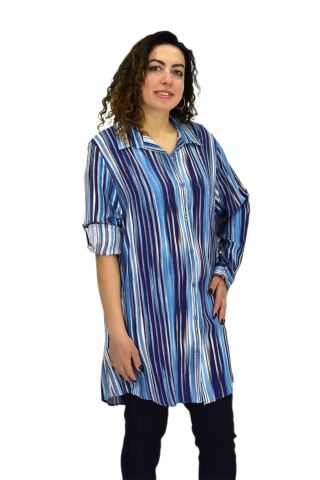Kadın Mavi Çizğili Kol Kıvırmalı Tunik BGL-ST02105 MAVİ - S