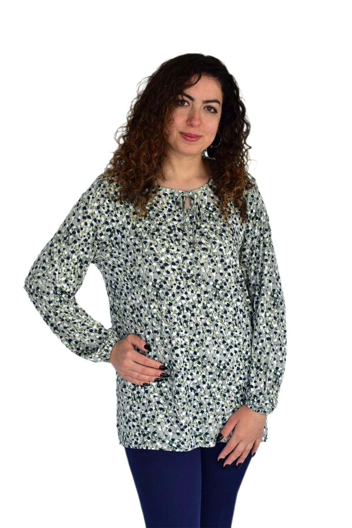 Kadın Ebruli Desen Baskılı Viscon Bluz BGL-ST04286 HAKİ - M
