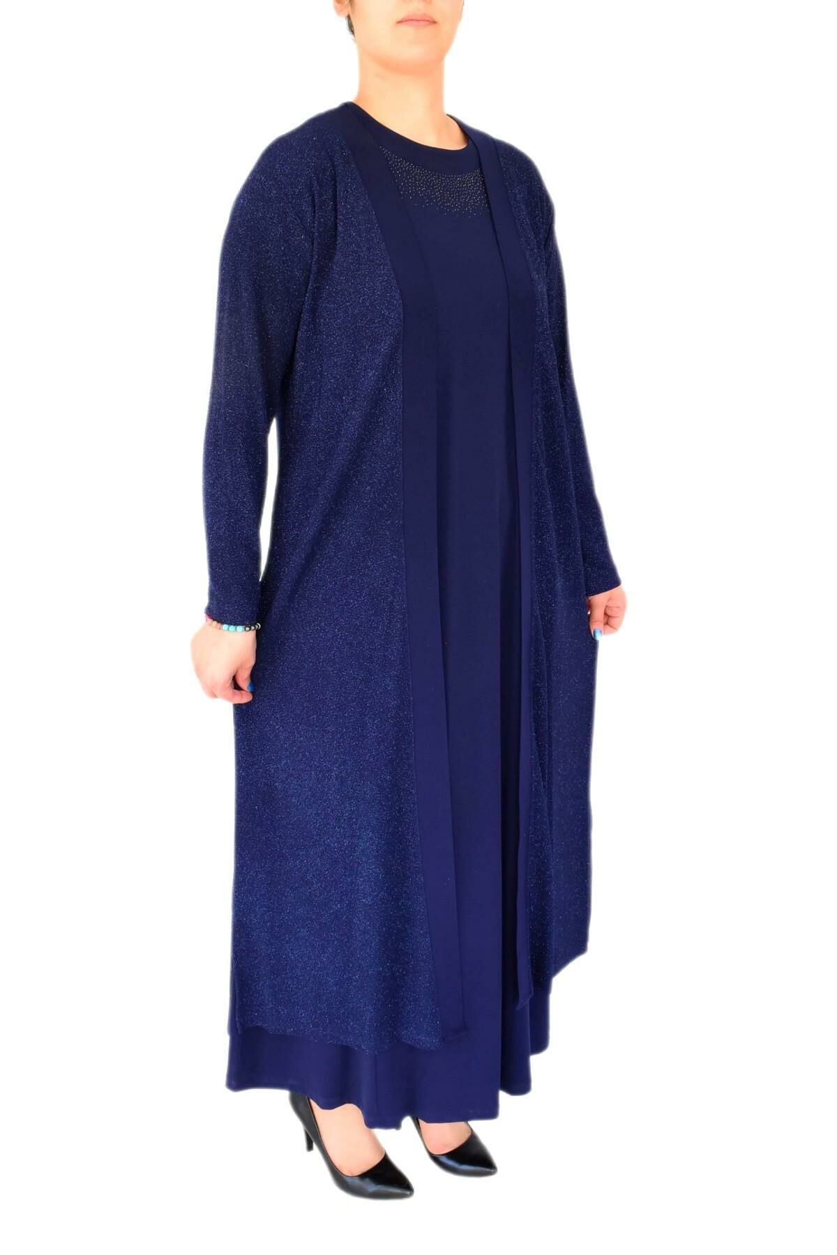 Kadın Simli Abiye Elbise 2 Li Tunikli  9181 BGL-ST02658 LACİVERT - L