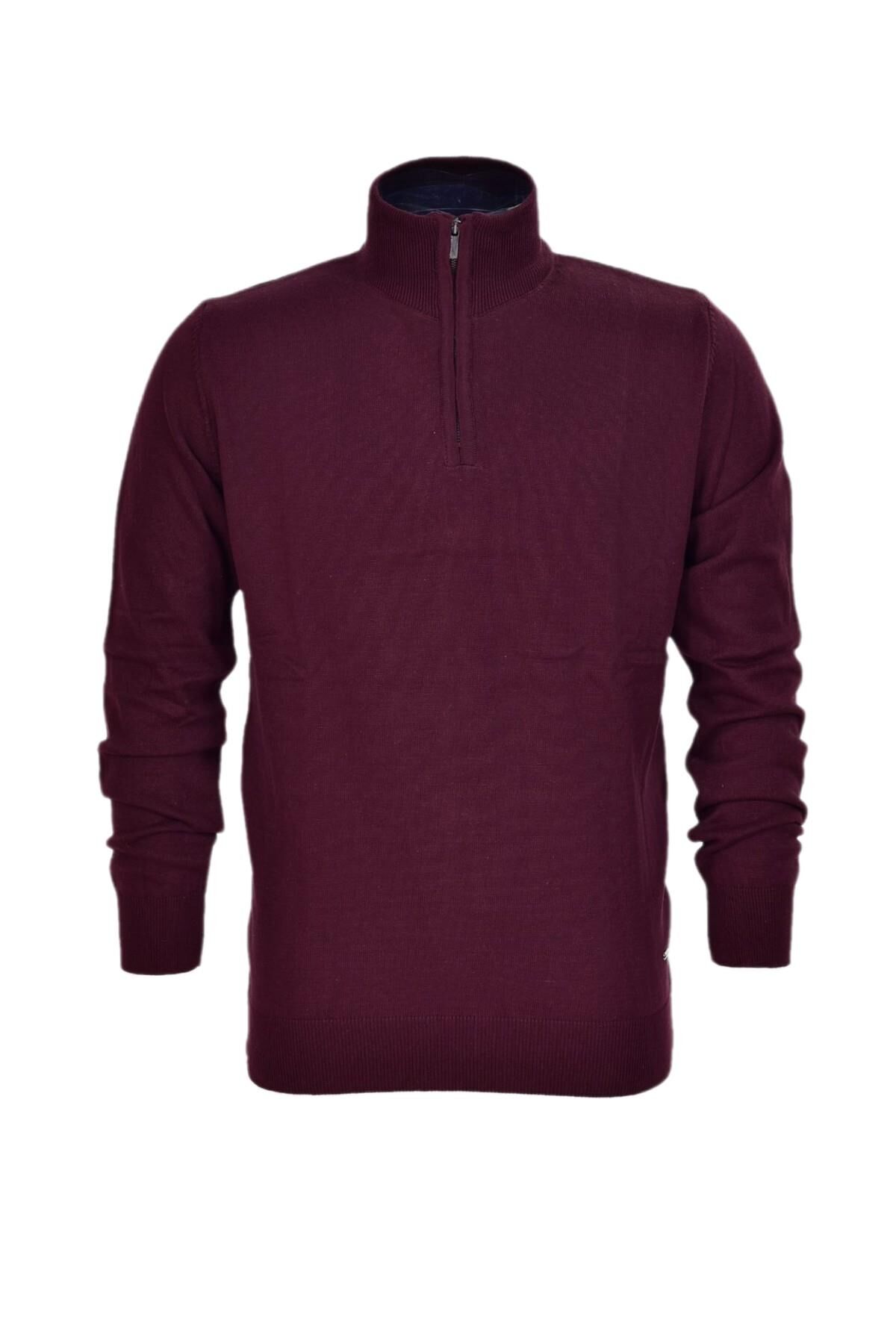 Erkek Spor Düz Fermuarlı Yaka Kazak R22949 BGL-ST03181 BORDO - M