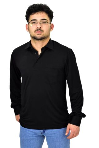 Erkek Gömlek Yaka Uzunkol Tişört T6063 BGL-ST04542 SİYAH - L