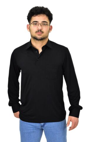 Erkek Gömlek Yaka Uzunkol Tişört T6063 BGL-ST04542 SİYAH - L