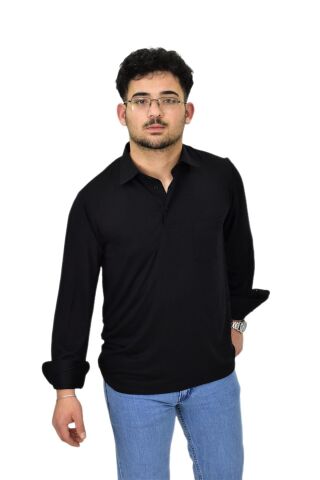 Erkek Gömlek Yaka Uzunkol Tişört T6063 BGL-ST04542 SİYAH - L