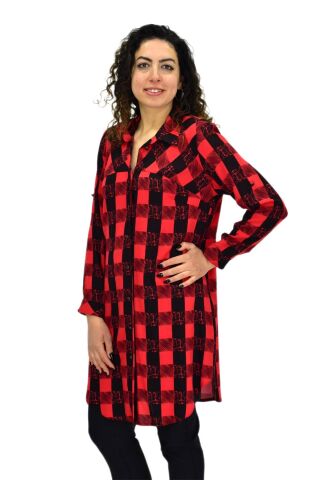 Kadın Ekose Kareli Tunik BGL-ST02956 KIRMIZI - 44