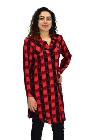Kadın Ekose Kareli Tunik BGL-ST02956 KIRMIZI - 44