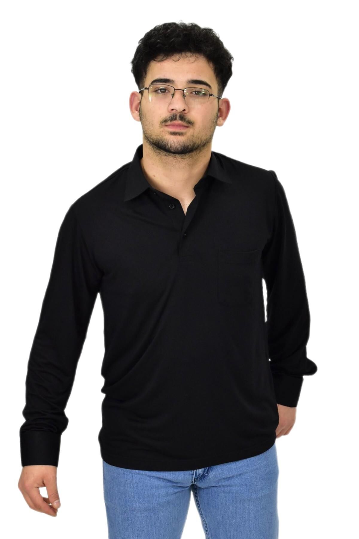 Erkek Gömlek Yaka Uzunkol Tişört T6063 BGL-ST04542 SİYAH - 2XL