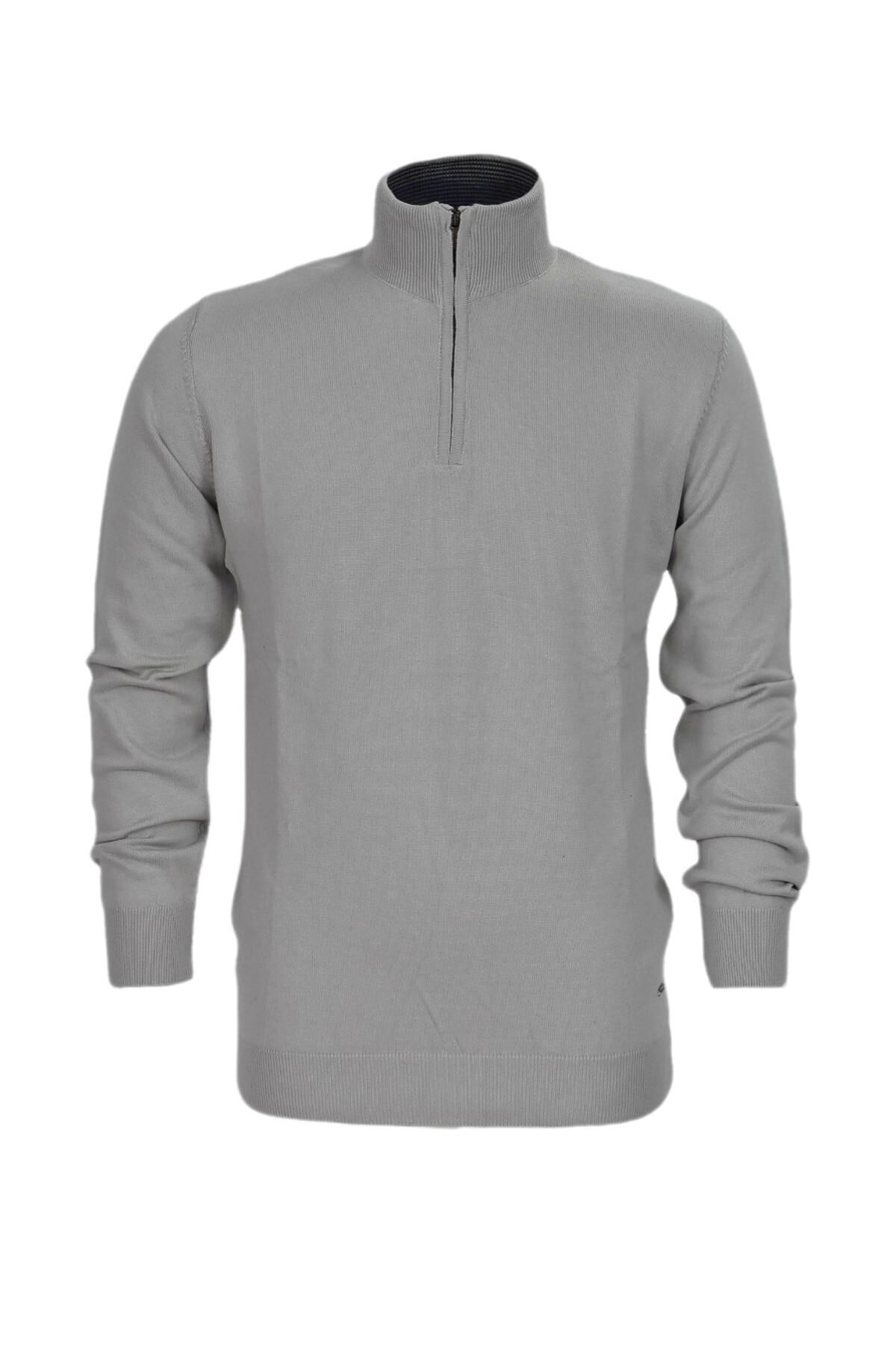 Erkek Spor Düz Fermuarlı Yaka Kazak R22949 BGL-ST03181 GRİ - M