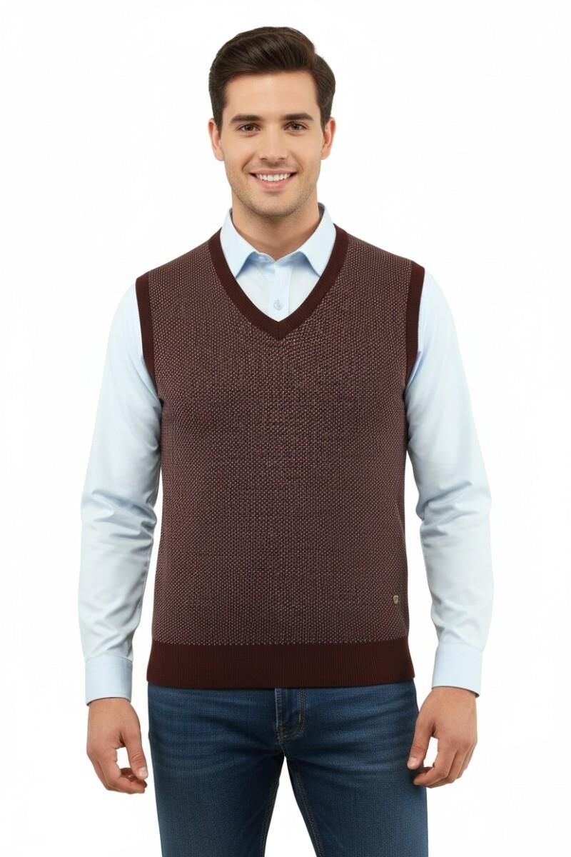 Erkek V Yaka Süveter Çelik Örgü Regular Kalıp 5206H BGL-ST04841 BORDO - L