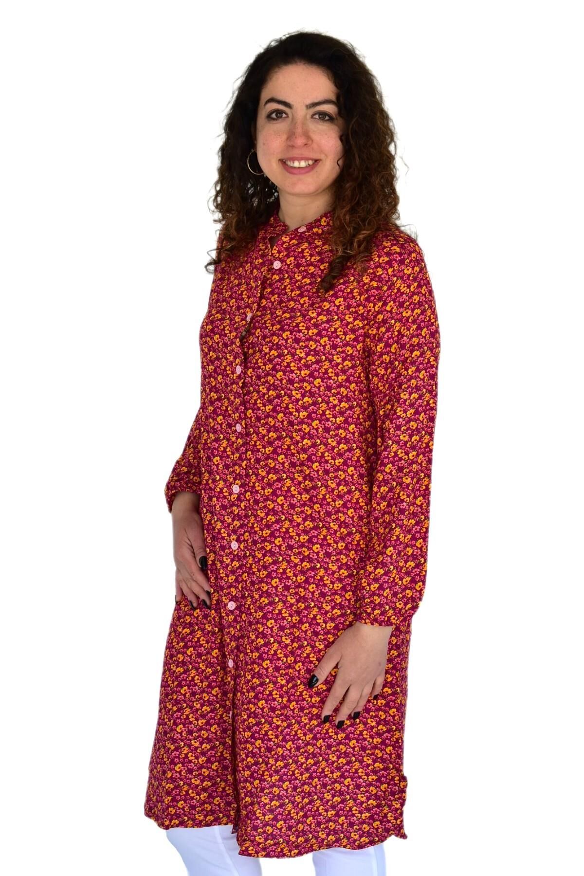 Kadın Uzun Çiçek Baskılı Desen Viscon Bluz BGL-ST04290 BORDO - 2XL