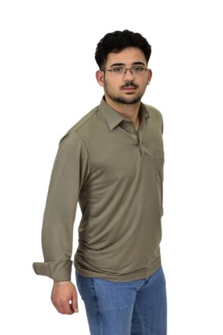 Erkek Gömlek Yaka Uzunkol Tişört T6063 BGL-ST04542 VİZON - M