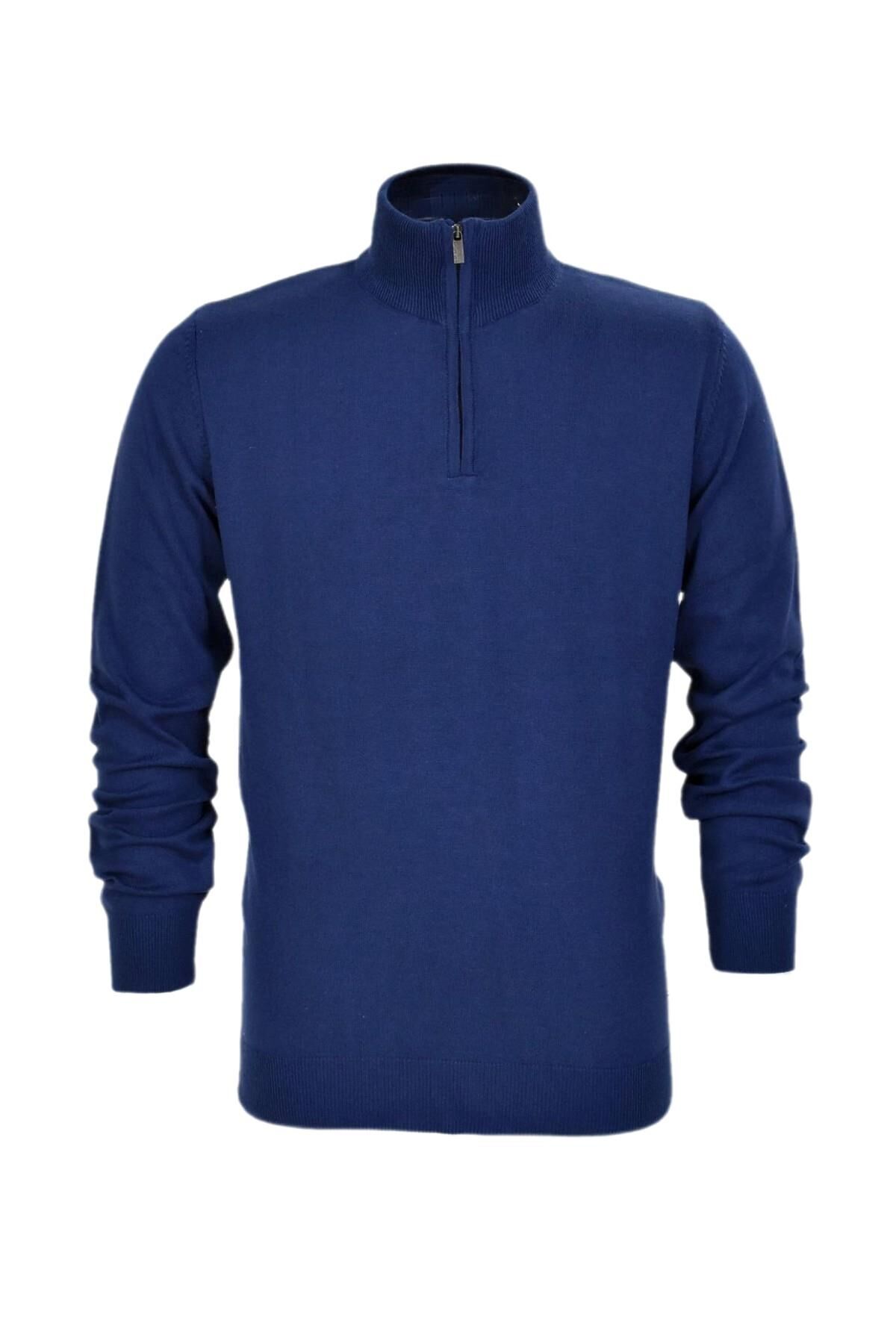 Erkek Spor Düz Fermuarlı Yaka Kazak R22949 BGL-ST03181 İNDİGO - M