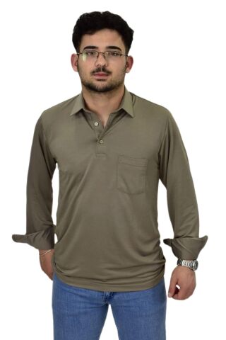 Erkek Gömlek Yaka Uzunkol Tişört T6063 BGL-ST04542 VİZON - XL