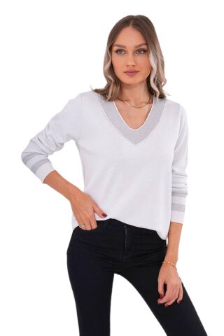 Kadın V Yaka Kol Yaka Simli Kazak 12785 BGL-ST04223