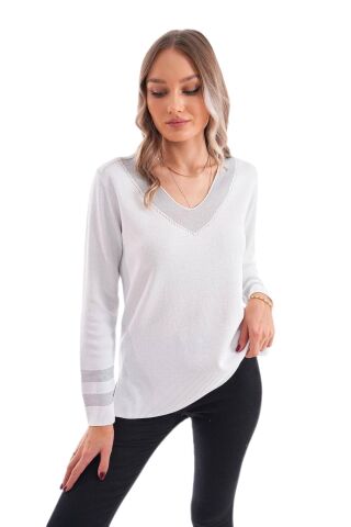 Kadın V Yaka Kol Yaka Simli Kazak 12785 BGL-ST04223 BEYAZ - M/L