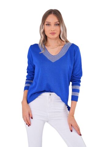 Kadın V Yaka Kol Yaka Simli Kazak 12785 BGL-ST04223 BEYAZ - M/L