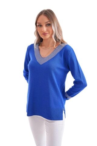 Kadın V Yaka Kol Yaka Simli Kazak 12785 BGL-ST04223