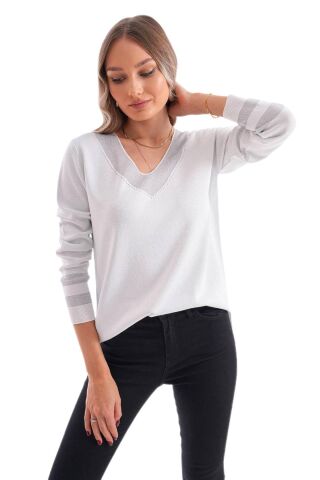 Kadın V Yaka Kol Yaka Simli Kazak 12785 BGL-ST04223 BEYAZ - M/L