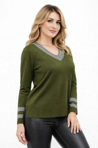 Kadın V Yaka Kol Yaka Simli Kazak 12785 BGL-ST04223 HAKİ - M/L