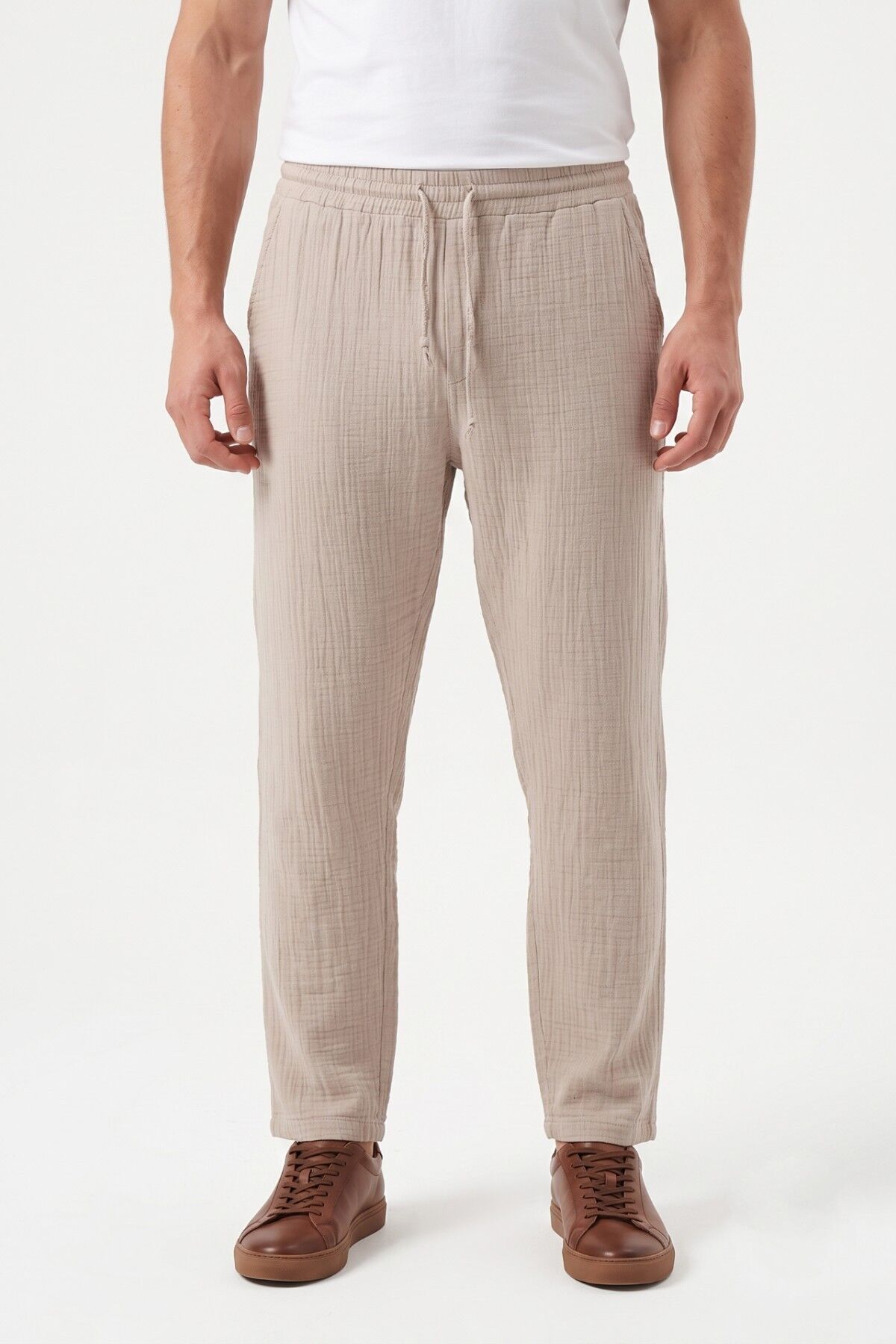 Erkek Baggy Kalıp Müslin Kumaş Pantolon BGL-ST05592 BEJ - S
