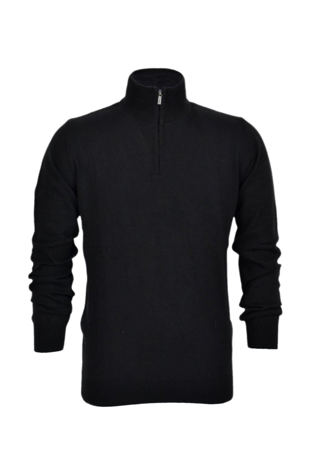 Erkek Spor Düz Fermuarlı Yaka Kazak R22949 BGL-ST03181 SİYAH - M
