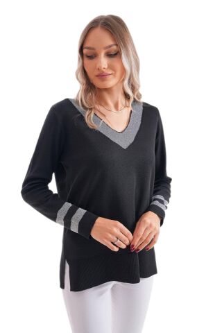 Kadın V Yaka Kol Yaka Simli Kazak 12785 BGL-ST04223 SİYAH - M/L