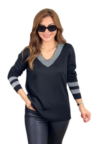 Kadın V Yaka Kol Yaka Simli Kazak 12785 BGL-ST04223 SİYAH - M/L